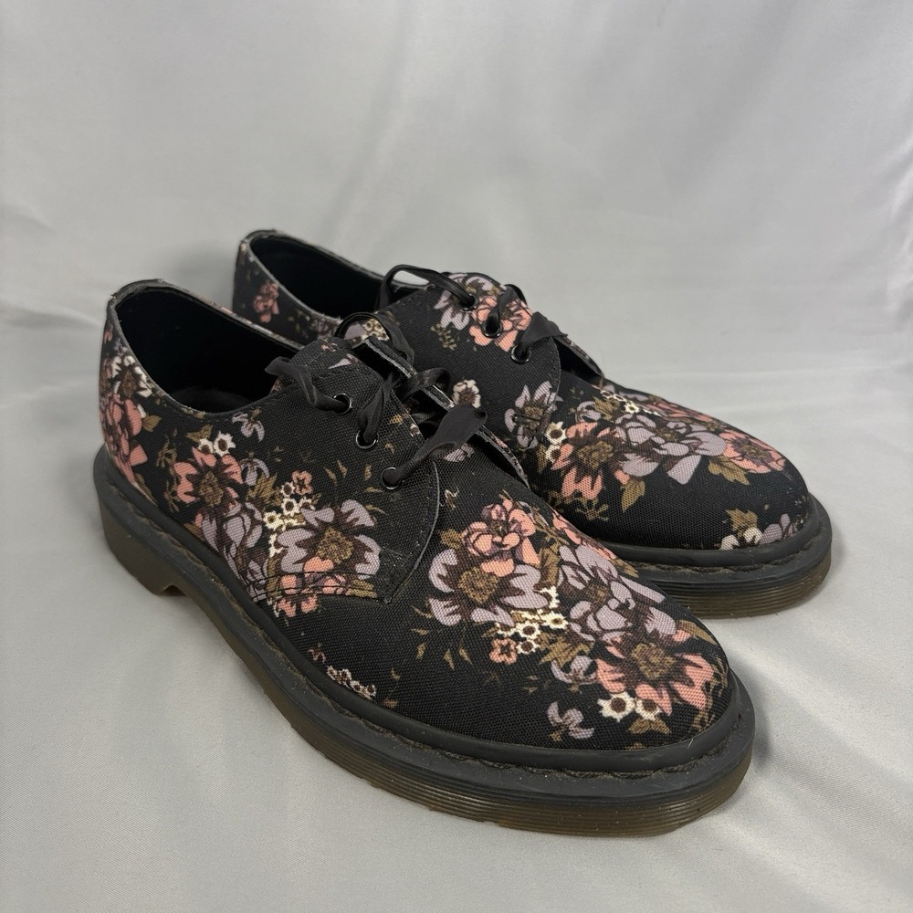 Dr. Martens Lester Canvas Shoes Womens 6 Black Wild Rose Floral Lace Up Oxford - Picture 2 of 10